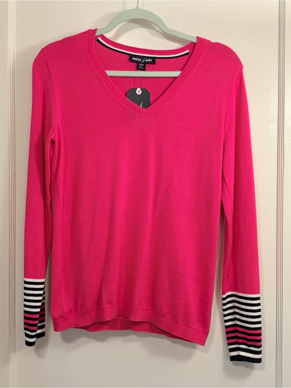 Nautica Bright Pink V-Neck Sweater with Striped Neck Trim